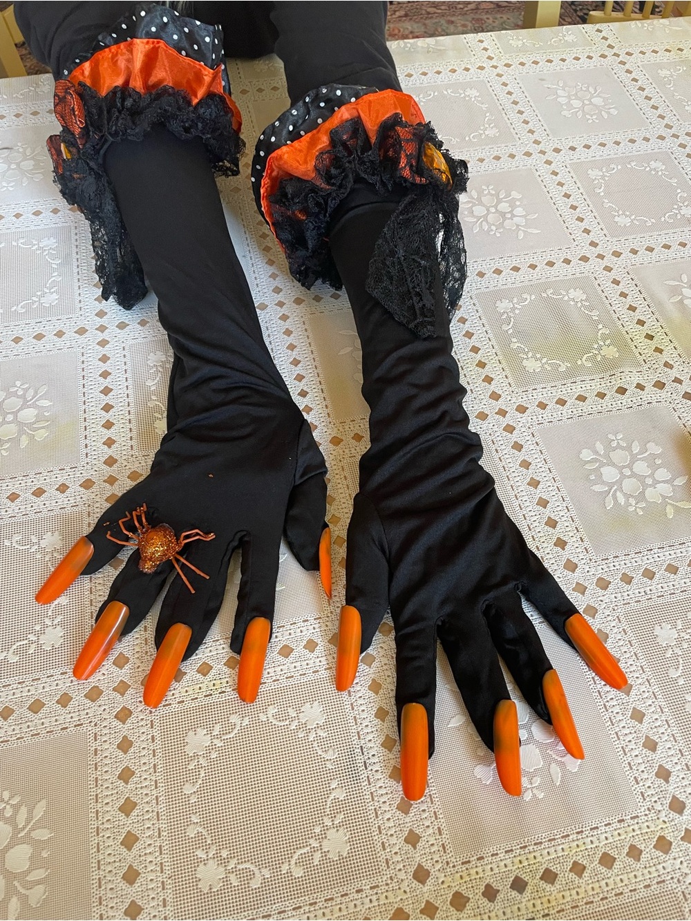 Adult Orange & Black Witch Costume Gloves with Long Claws